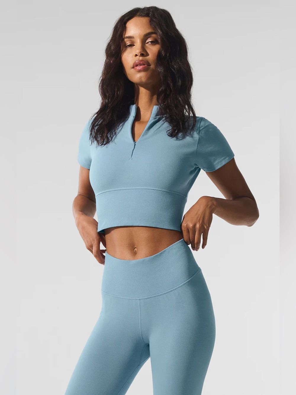 Alo Seamless Winter Warm Plush Cropped Short Sleeve Celestial Blue Zip-Up Henley